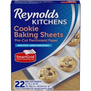 imageReynolds Kitchens Cookie Baking Sheets PreCut Baking Parchment Paper Sheets for Cookies OvenSafe up to 425 Degrees Reusable Up to 3X NoMess Cleanup 12 in x 16 in 22 Count